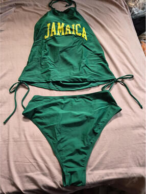 Jamaica Green Yellow Drawstring Halter Tankini High-Waisted Bikini Size M